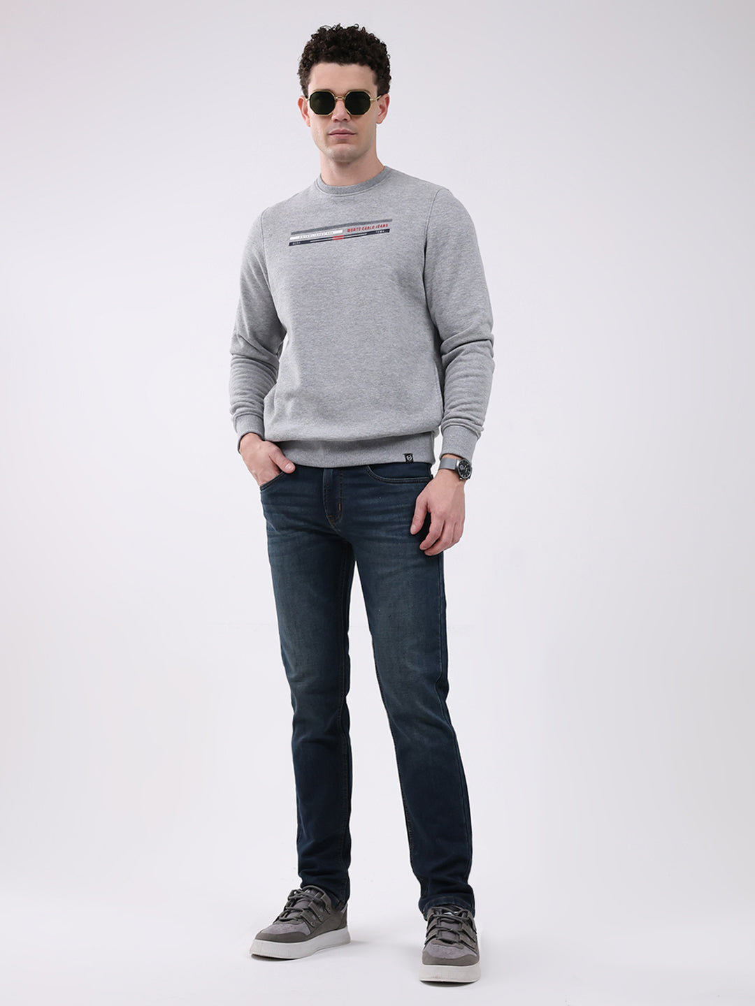 Men Grey Printed Round Neck Full Sleeve Sweatshirt