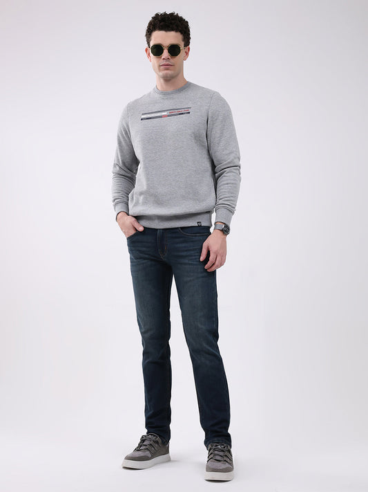 Men Grey Printed Round Neck Full Sleeve Sweatshirt