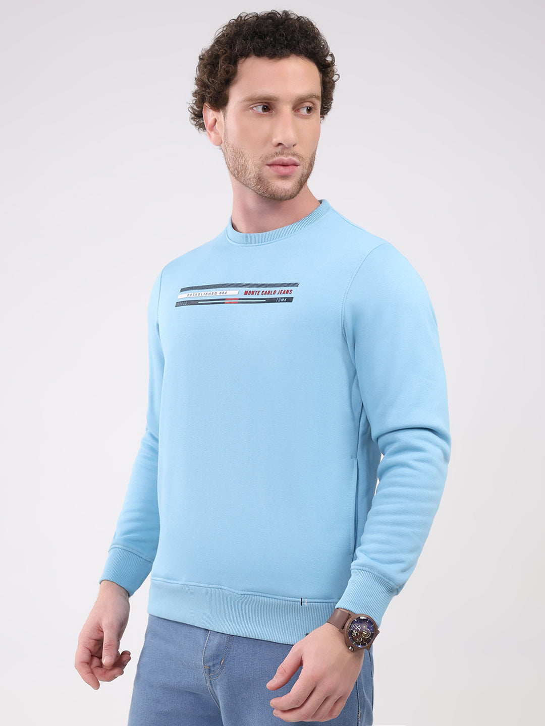Men Sky Blue Printed Round Neck Full Sleeve Sweatshirt