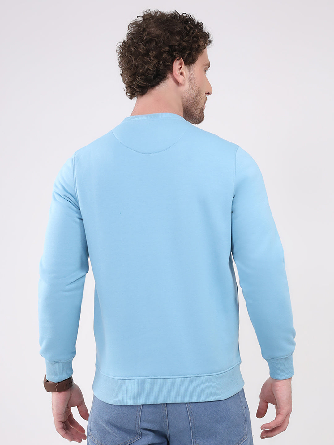 Men Sky Blue Printed Round Neck Full Sleeve Sweatshirt