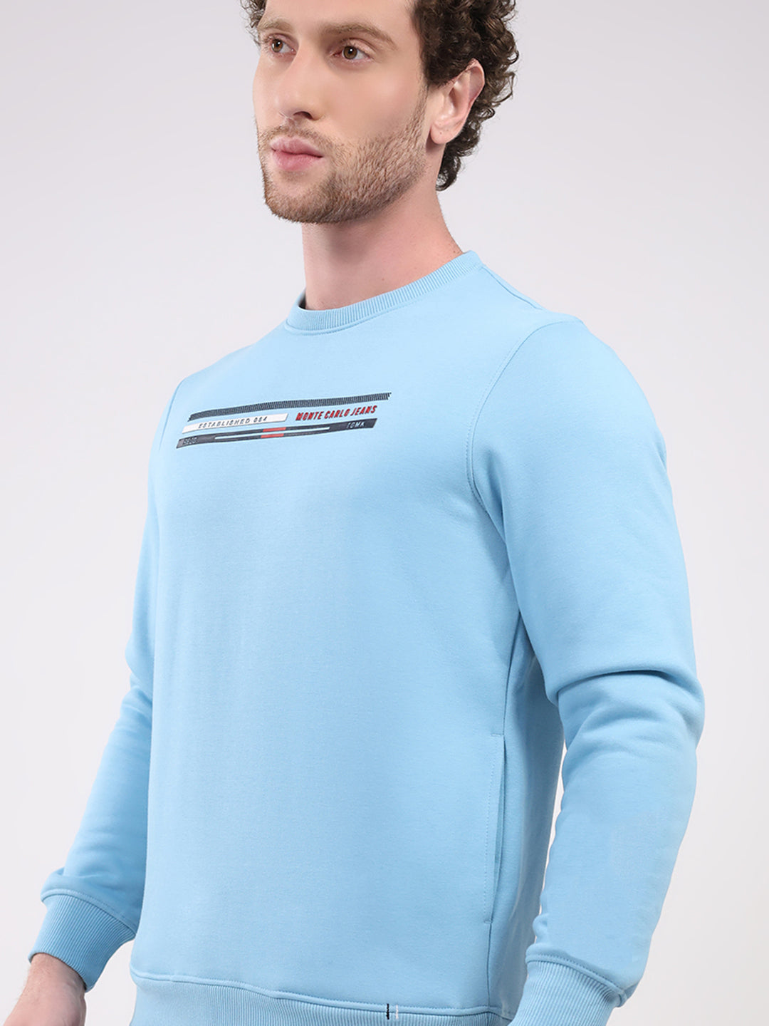 Men Sky Blue Printed Round Neck Full Sleeve Sweatshirt