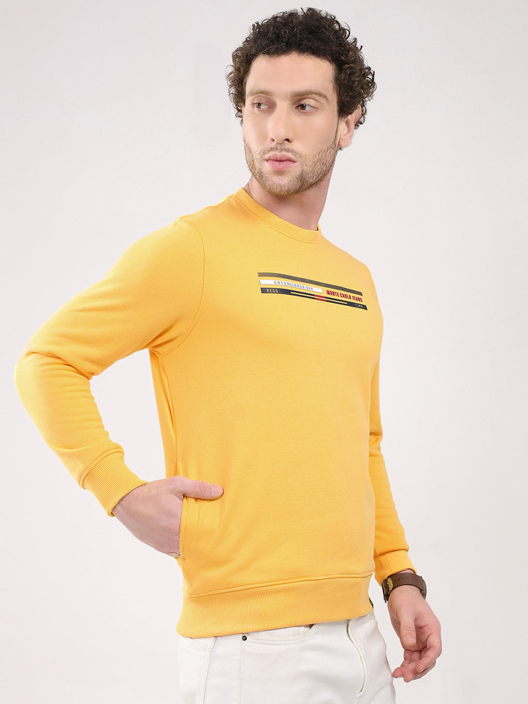 Men Yellow Printed Round Neck Full Sleeve Sweatshirt