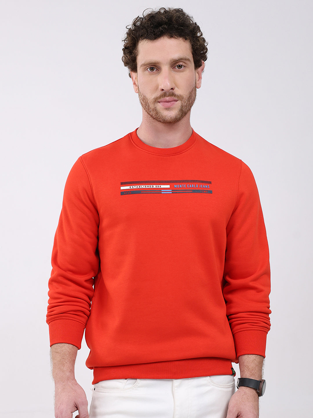 Men Orange Printed Round Neck Full Sleeve Sweatshirt