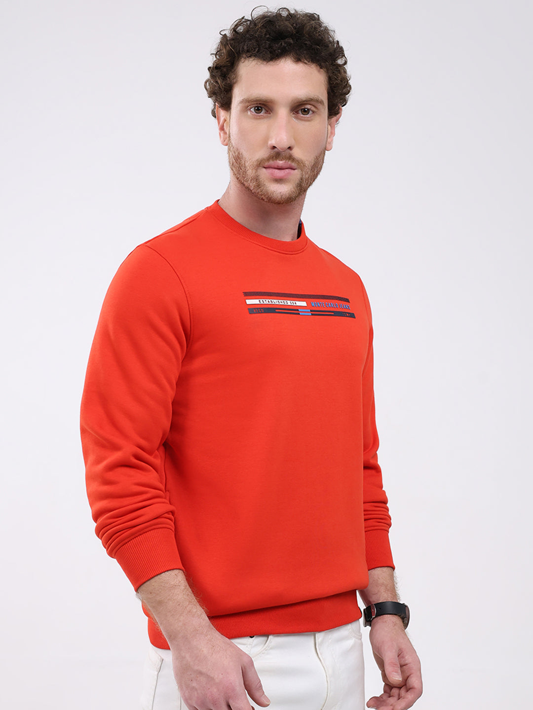 Men Orange Printed Round Neck Full Sleeve Sweatshirt