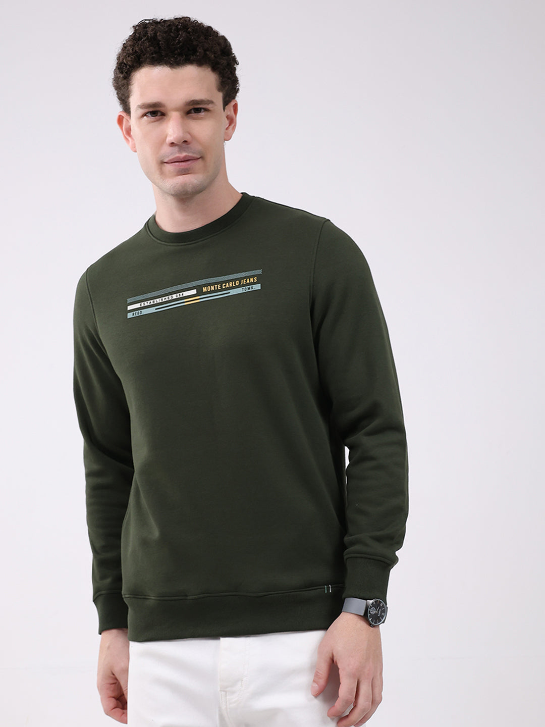Men Olive Printed Round Neck Full Sleeve Sweatshirt