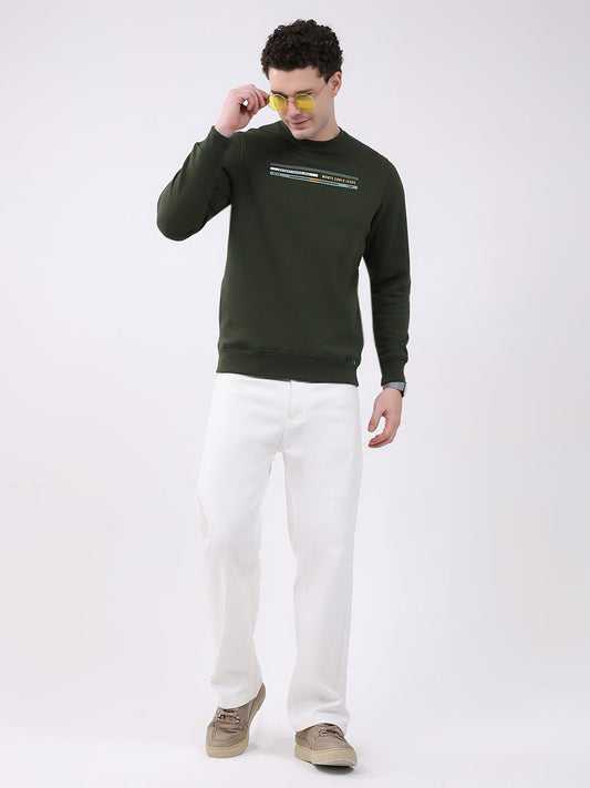 Men Olive Printed Round Neck Full Sleeve Sweatshirt