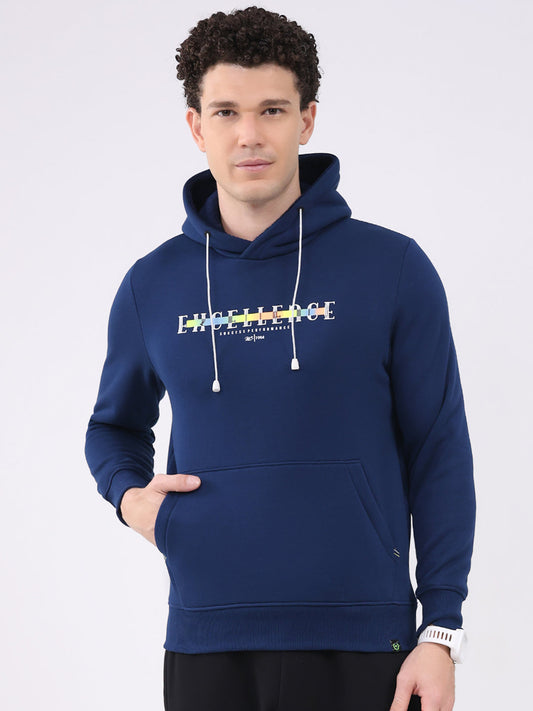 Men Navy Blue Printed Hooded Full Sleeve Sweatshirt