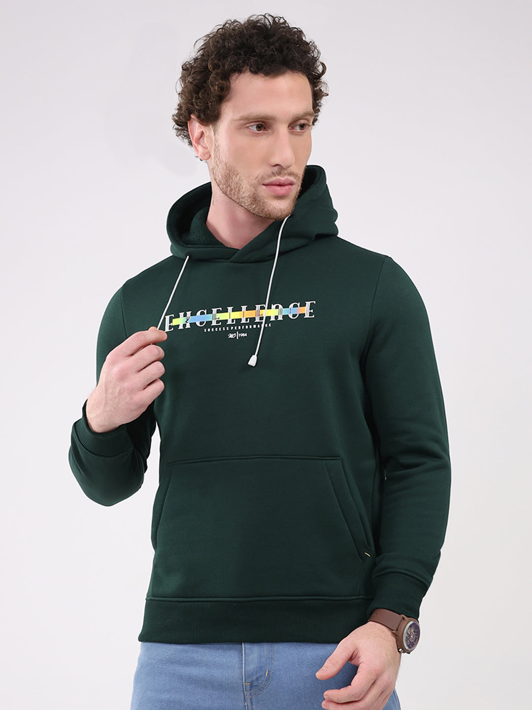 Men Green Printed Hooded Full Sleeve Sweatshirt