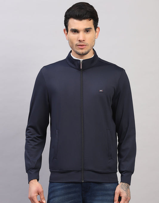 Men Navy Blue Solid Collar Full Sleeve Sweatshirt