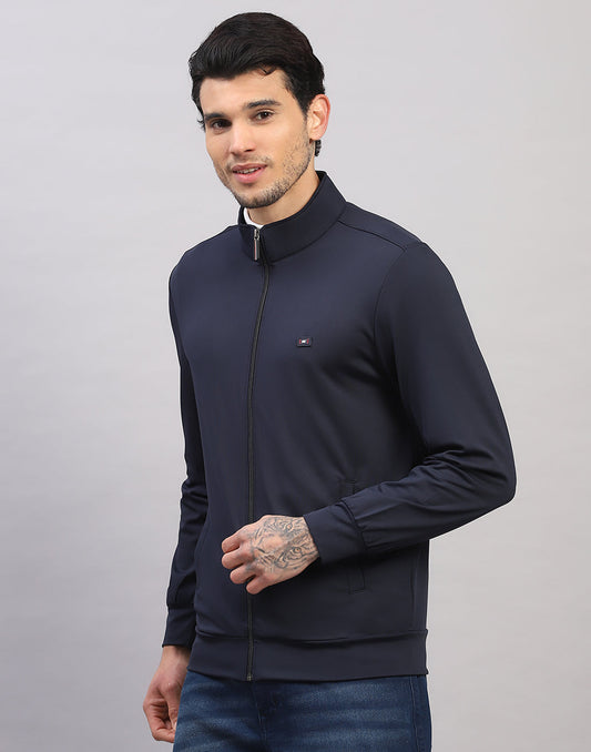 Men Navy Blue Solid Collar Full Sleeve Sweatshirt