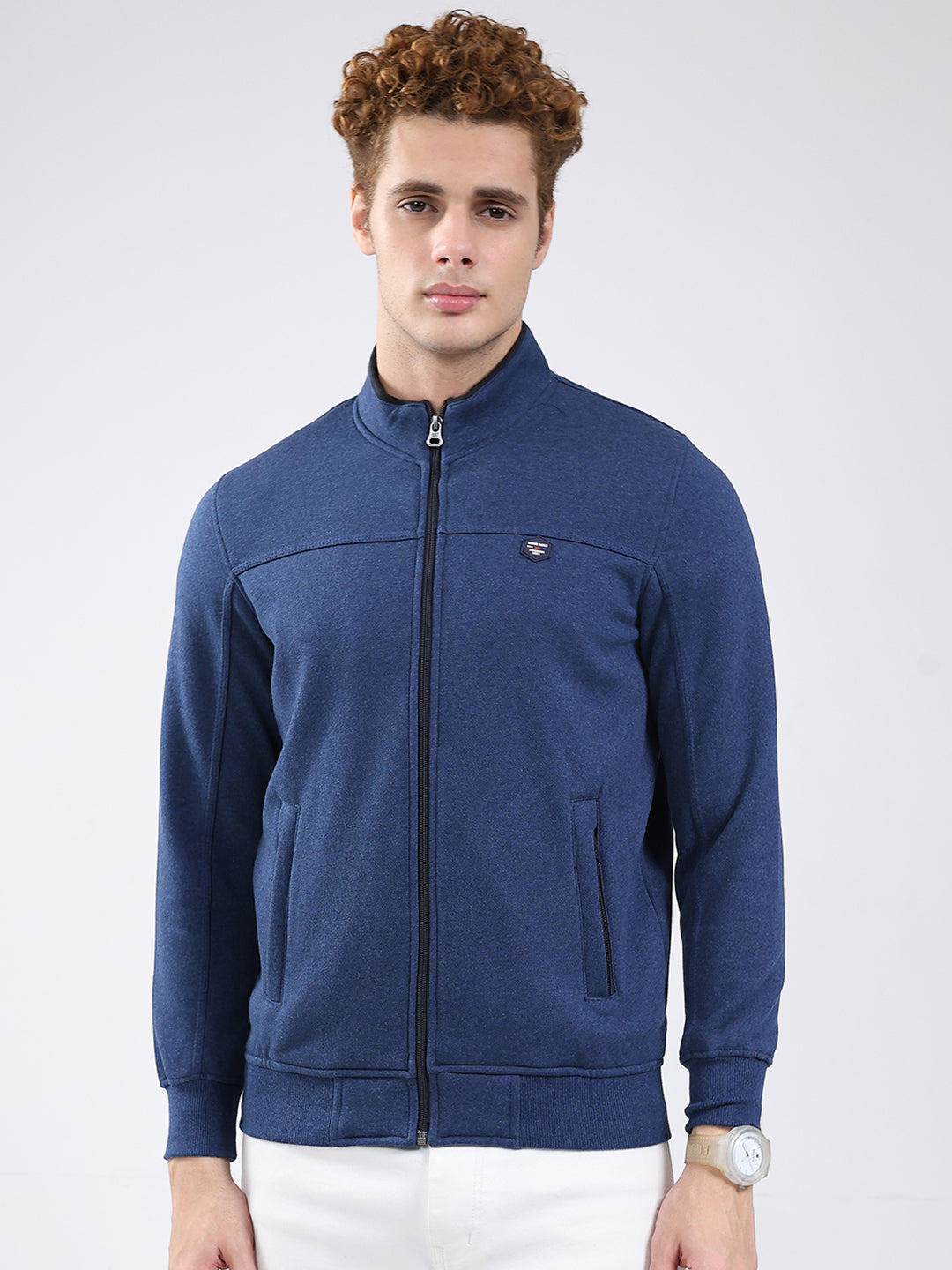 Men Blue Solid Mock Neck Full Sleeve Sweatshirt