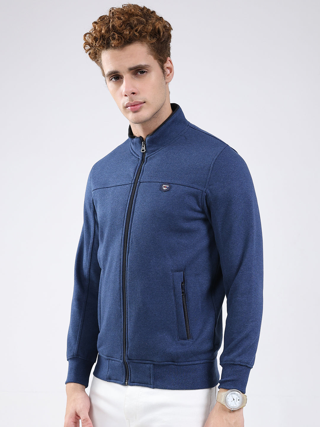 Men Blue Solid Mock Neck Full Sleeve Sweatshirt
