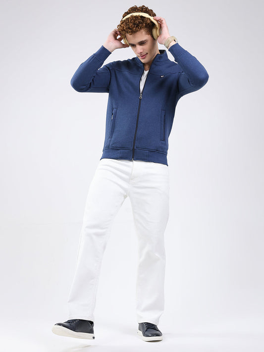 Men Blue Solid Mock Neck Full Sleeve Sweatshirt
