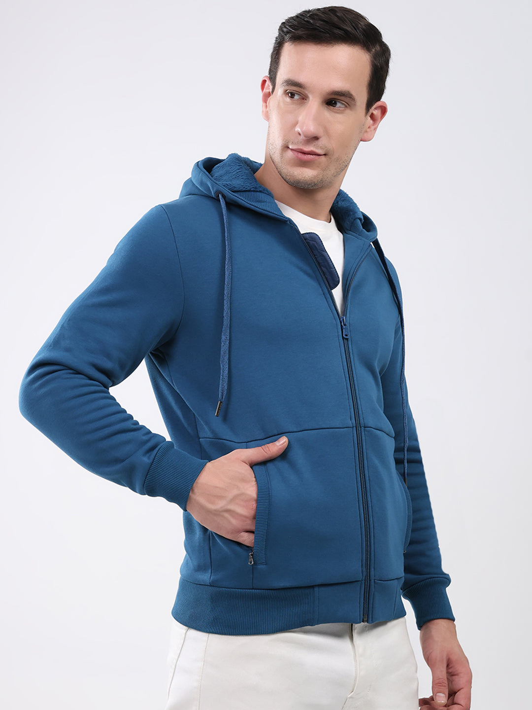 Men Teal Blue Solid Hooded Full Sleeve Sweatshirt