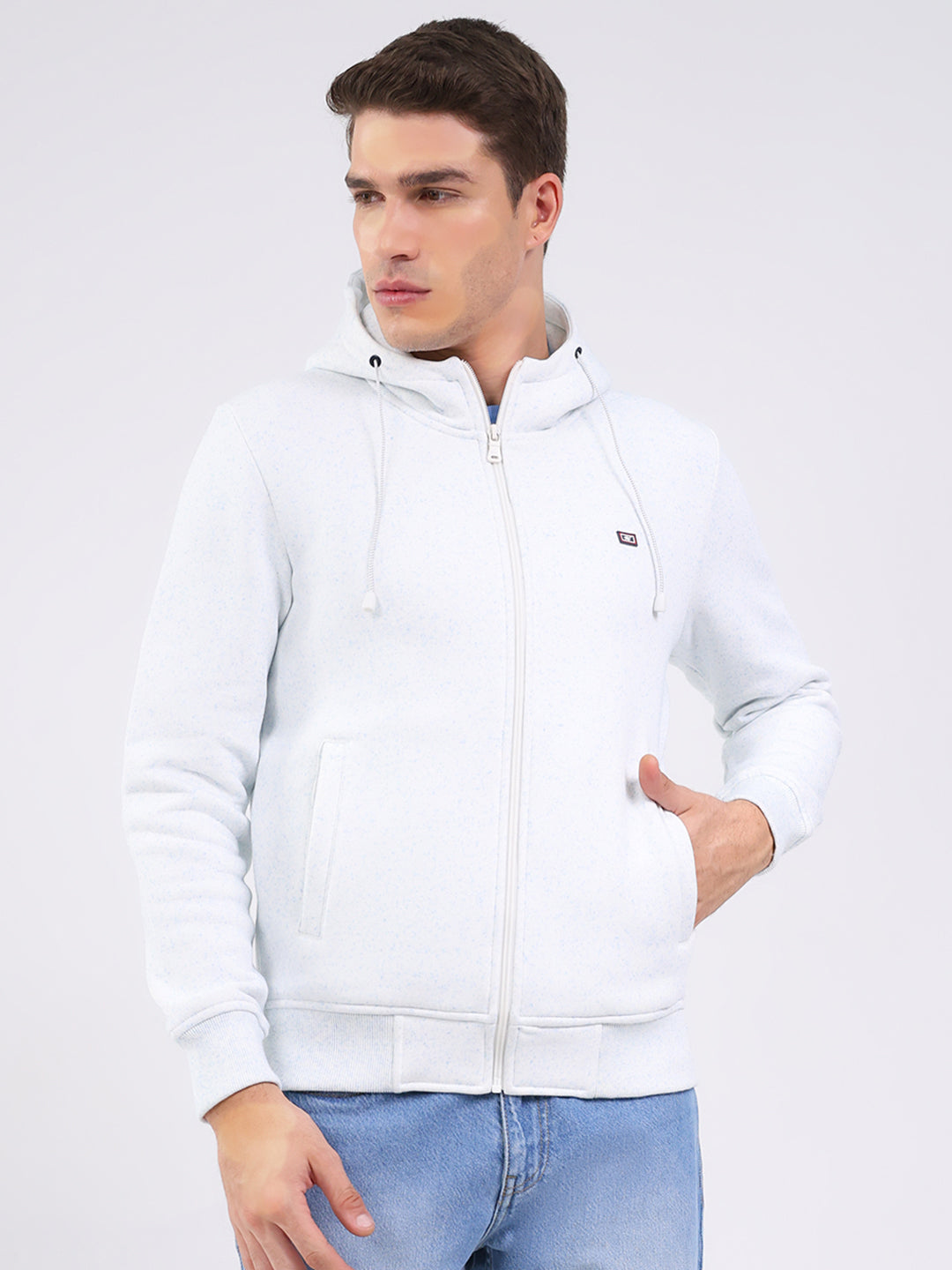 Men Off White Solid Hooded Full Sleeve Sweatshirt