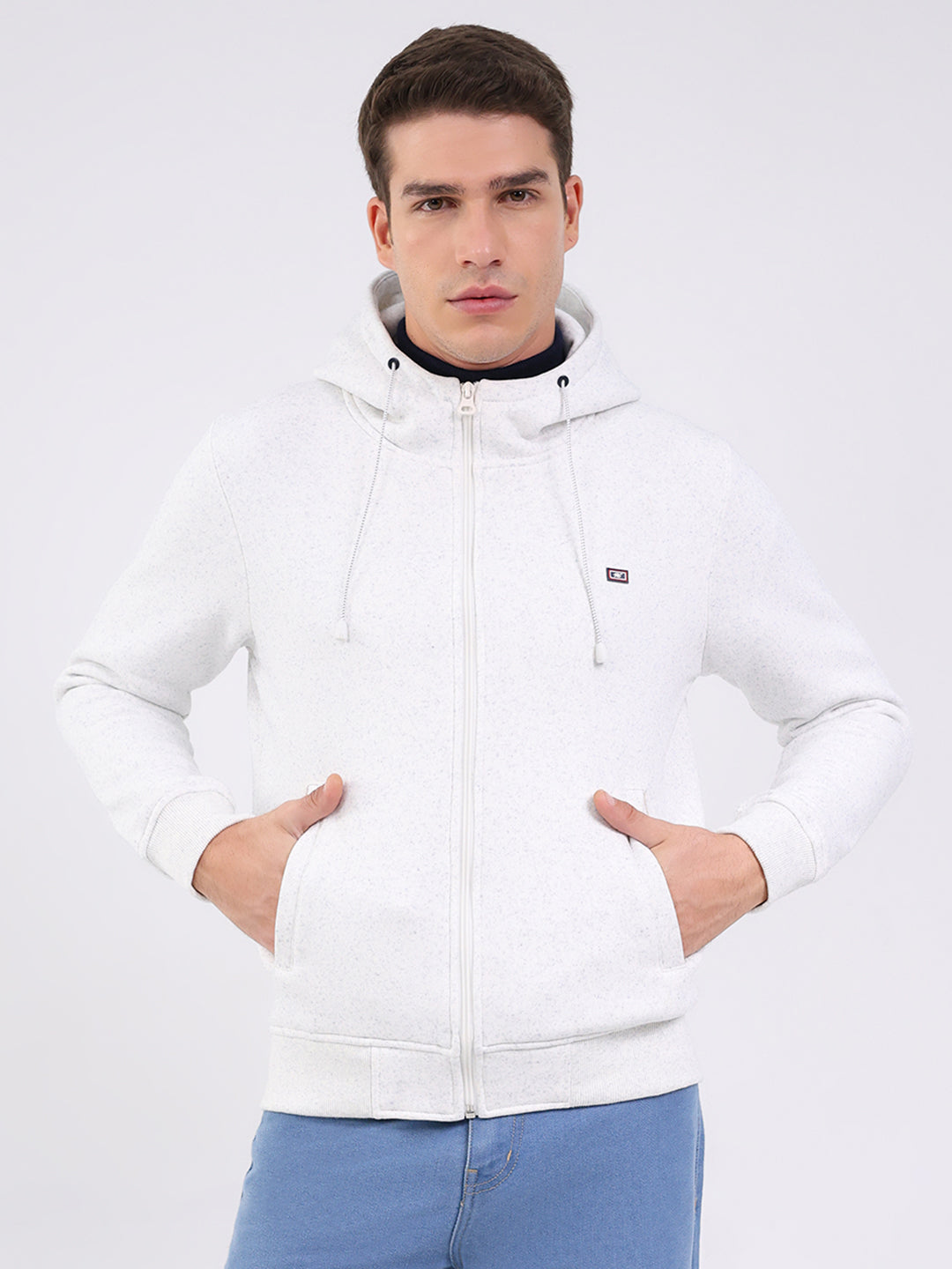 Men White Solid Hooded Full Sleeve Sweatshirt
