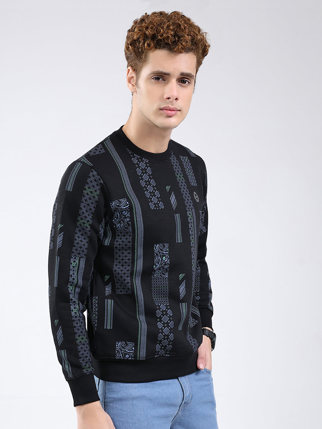 Men Black Printed Round Neck Full Sleeve Sweatshirt
