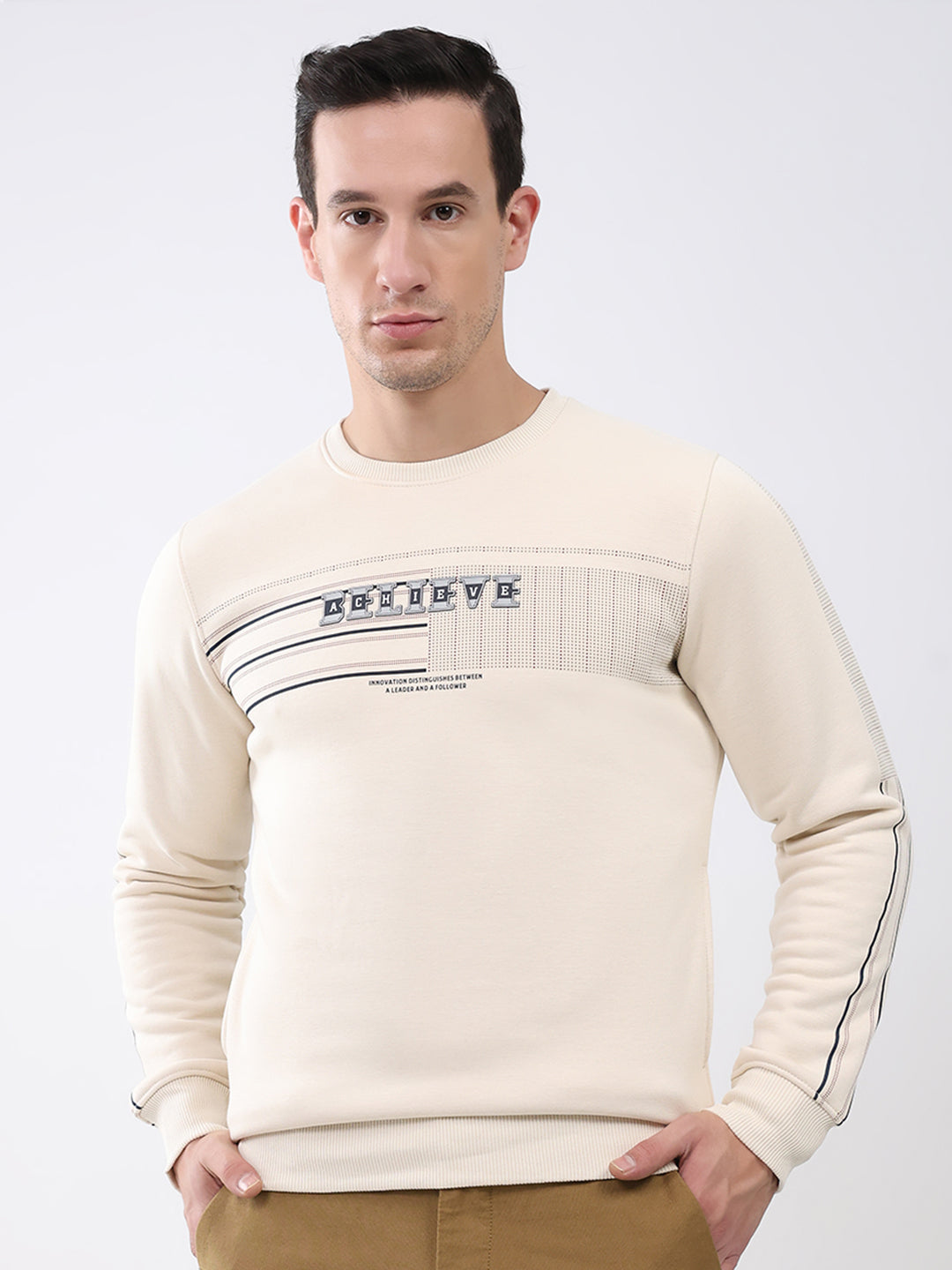 Men Beige Printed Round Neck Full Sleeve Sweatshirt