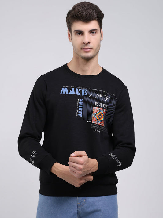 Men Black Printed Round Neck Full Sleeve Sweatshirt