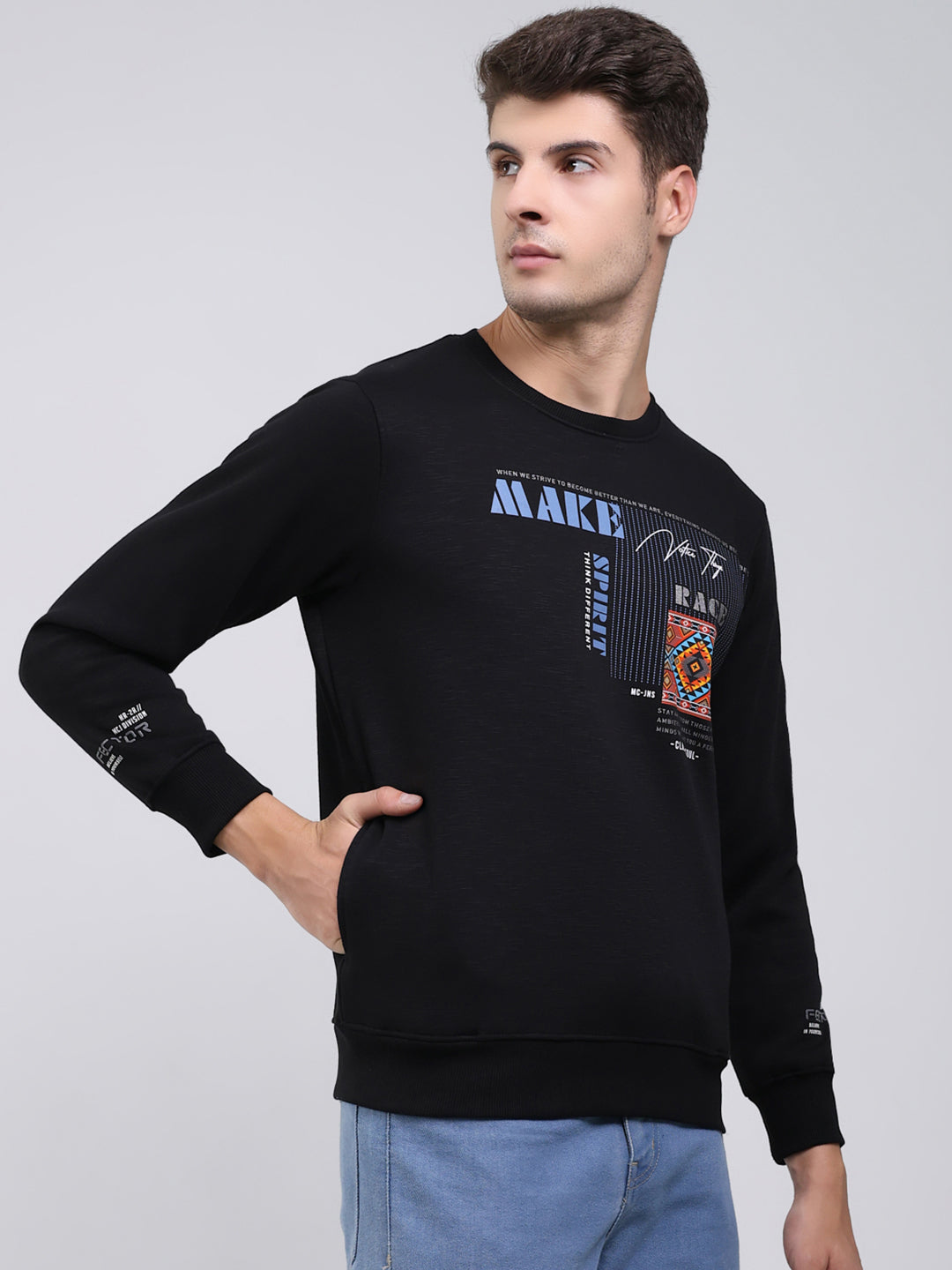 Men Black Printed Round Neck Full Sleeve Sweatshirt