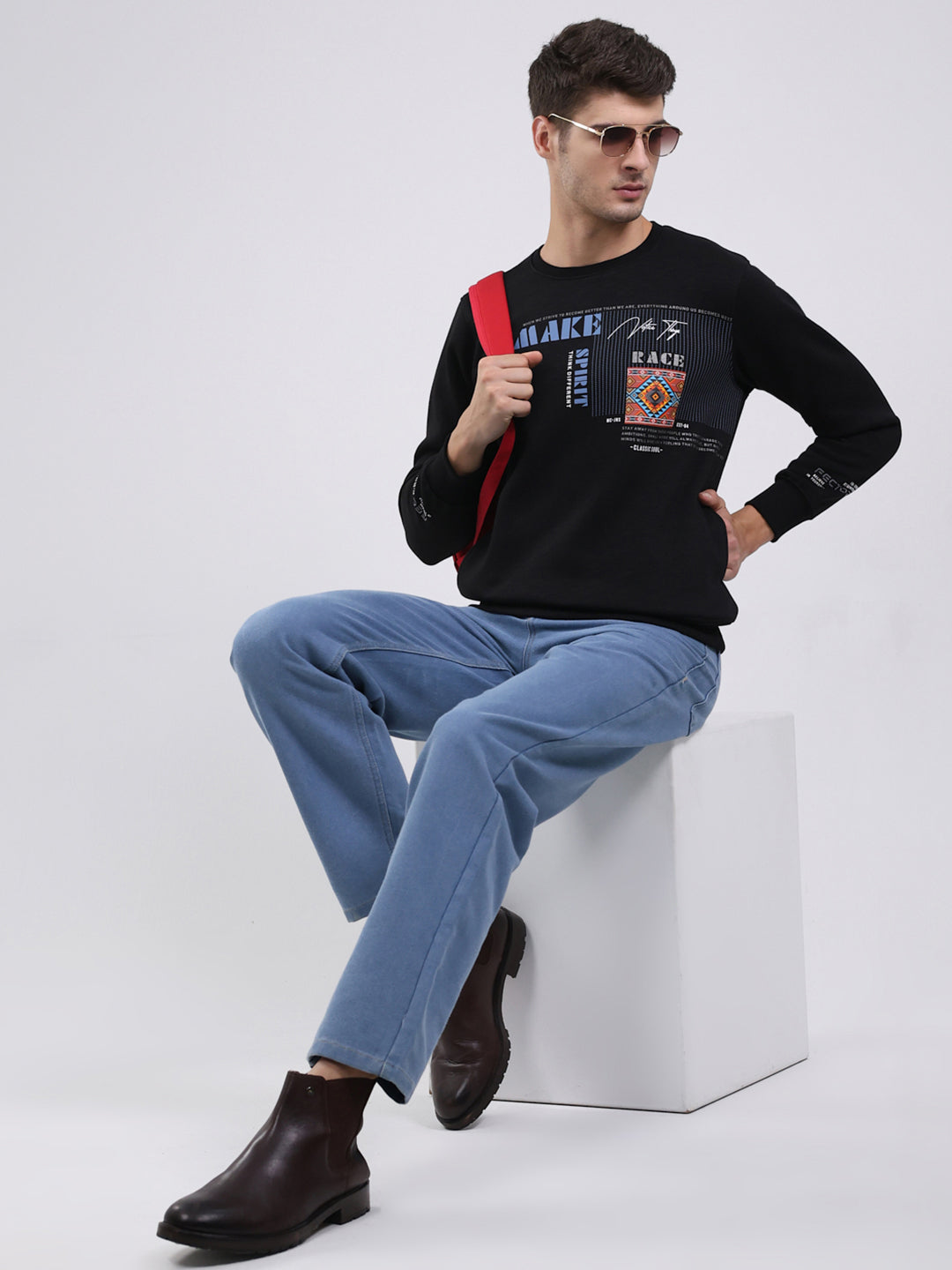 Men Black Printed Round Neck Full Sleeve Sweatshirt