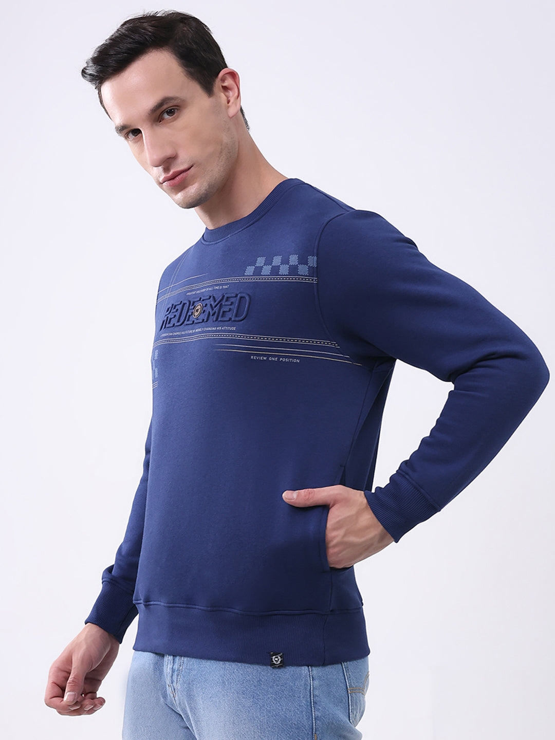 Men Blue Printed Round Neck Full Sleeve Sweatshirt