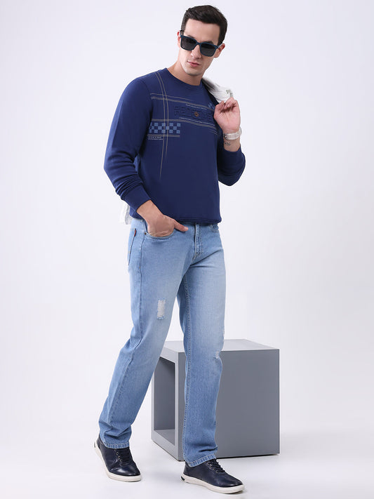 Men Blue Printed Round Neck Full Sleeve Sweatshirt