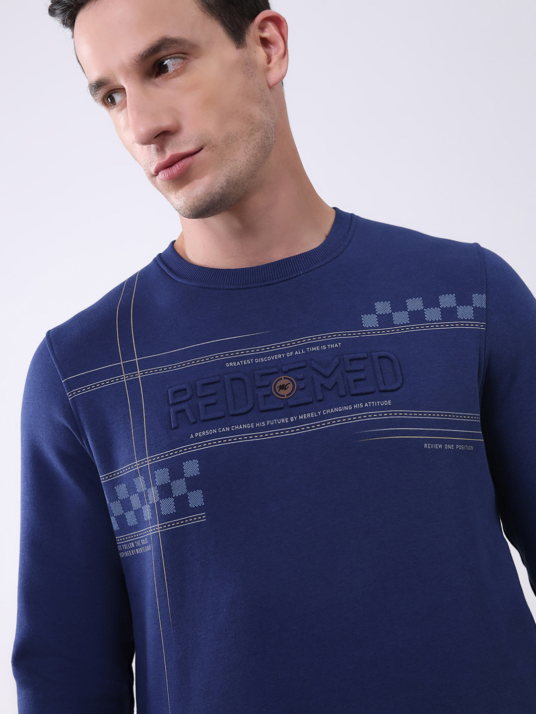 Men Blue Printed Round Neck Full Sleeve Sweatshirt