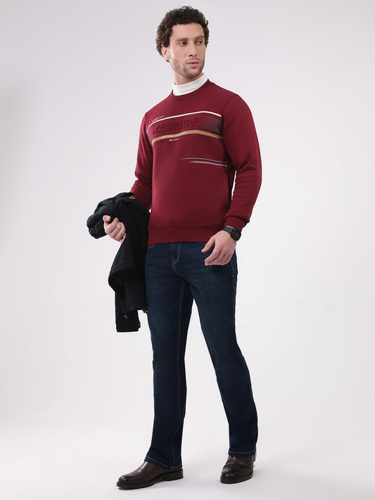 Men Maroon Printed Round Neck Full Sleeve Sweatshirt