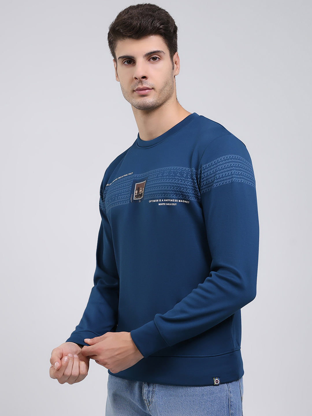 Men Blue Printed Round Neck Full Sleeve Sweatshirt