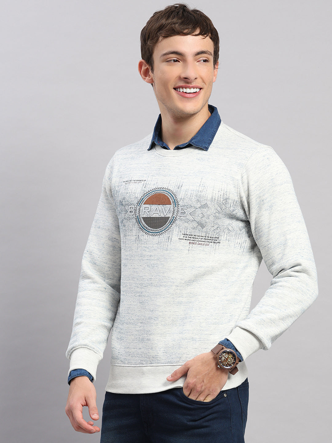 Men Grey Printed Round Neck Full Sleeve Sweatshirt