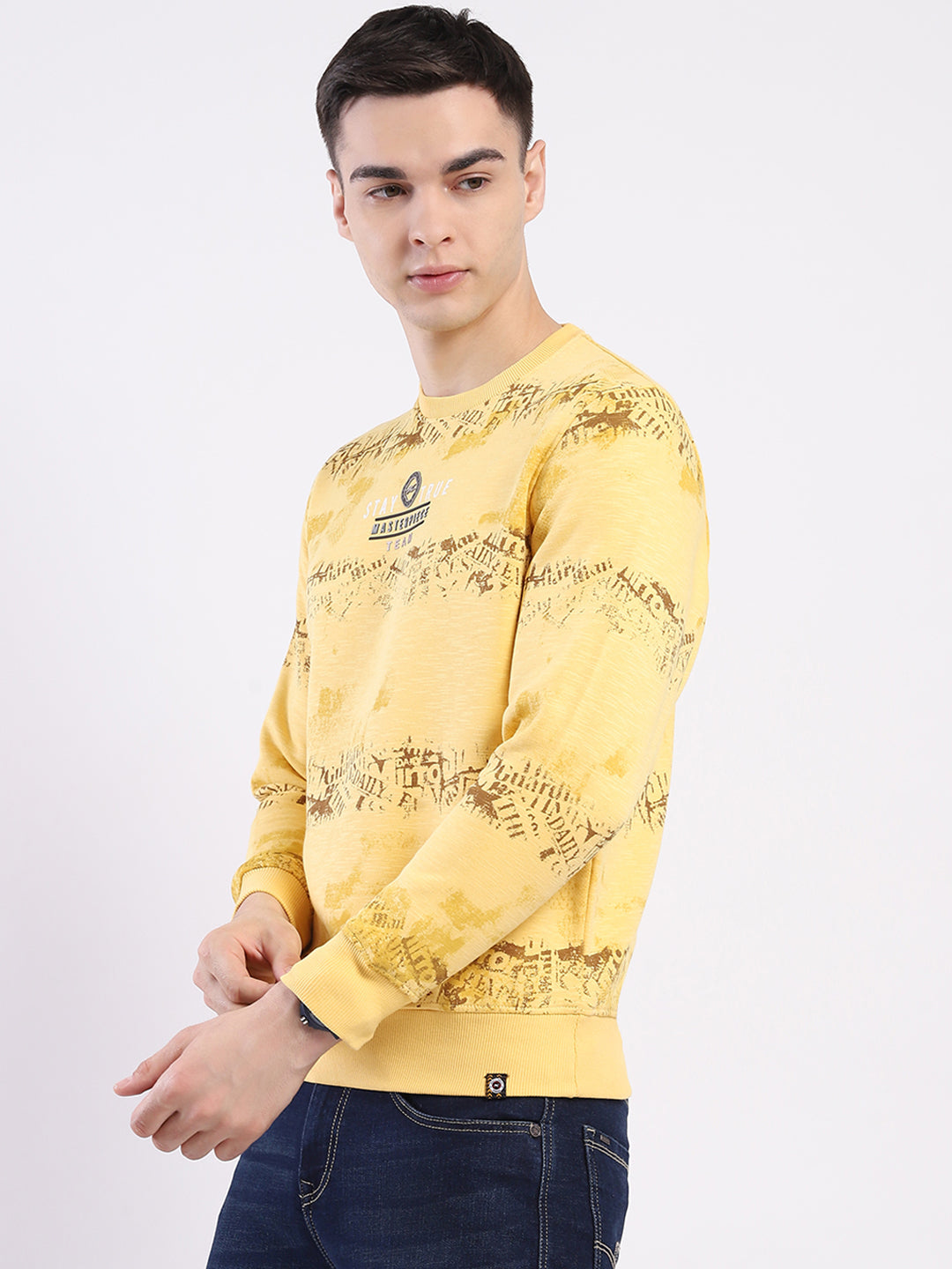 Men Yellow Printed Round Neck Full Sleeve Sweatshirt