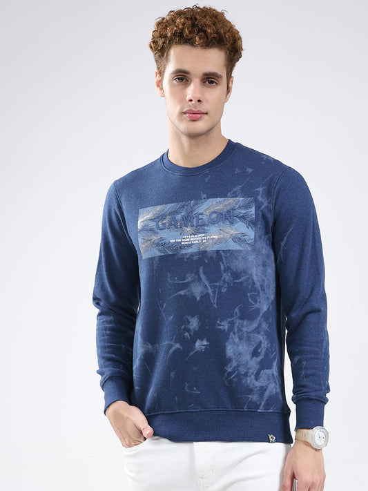Men Blue Printed Round Neck Full Sleeve Sweatshirt