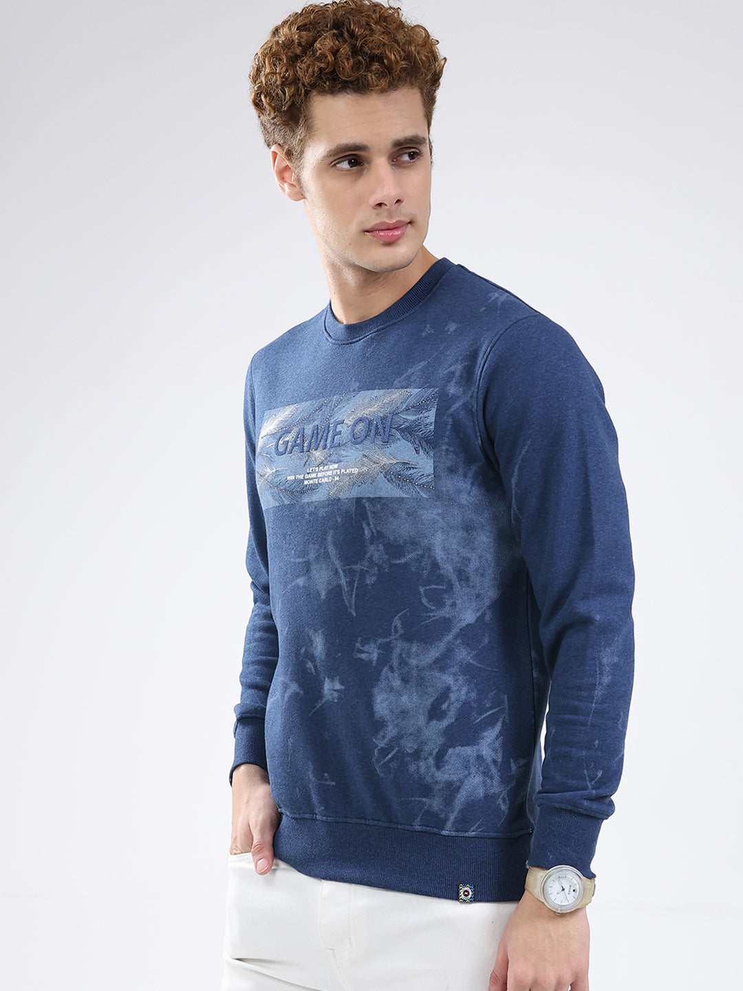 Men Blue Printed Round Neck Full Sleeve Sweatshirt