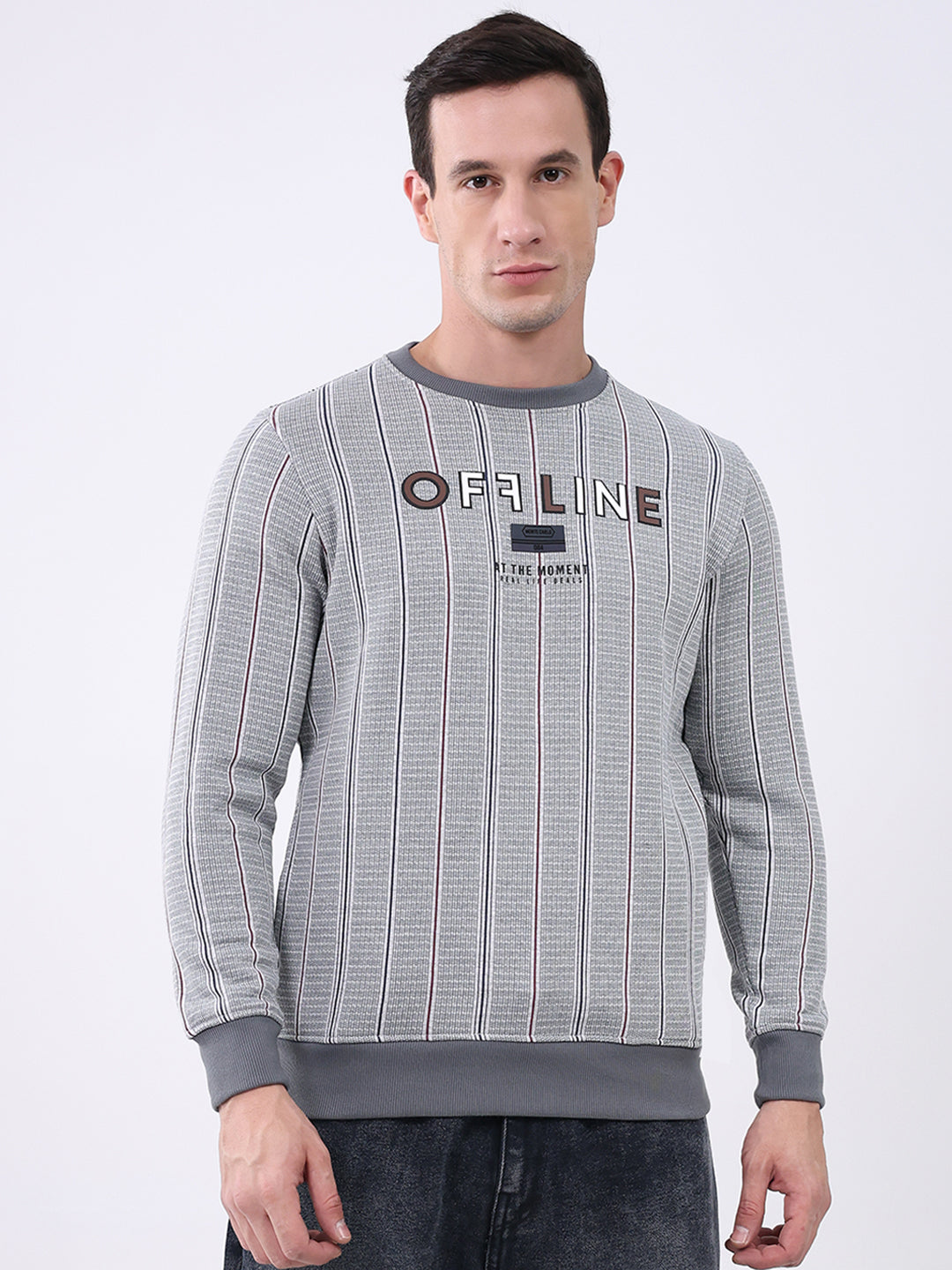 Men Grey Printed Round Neck Full Sleeve Sweatshirt