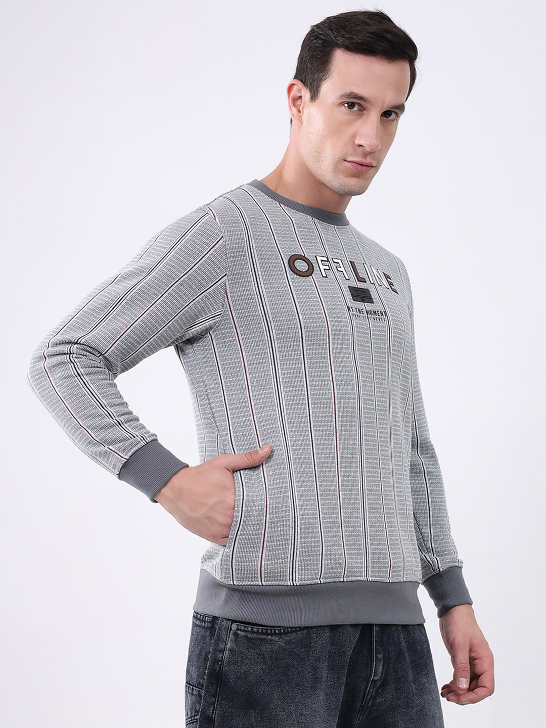 Men Grey Printed Round Neck Full Sleeve Sweatshirt