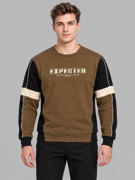 Men Brown Printed Round Neck Full Sleeve Sweatshirt