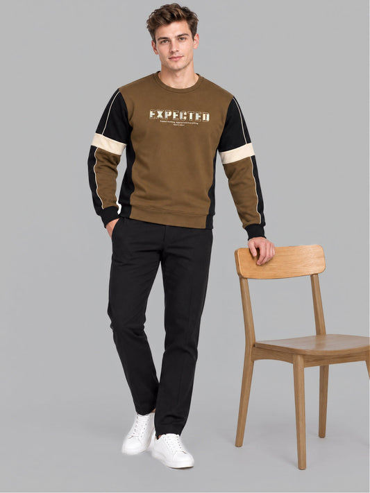 Men Brown Printed Round Neck Full Sleeve Sweatshirt