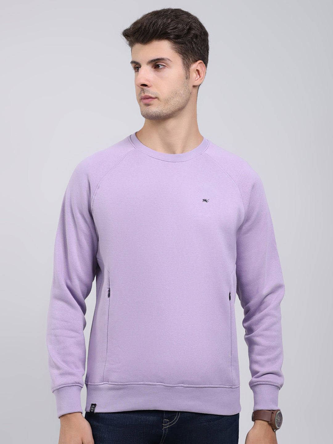 Men Purple Solid Round Neck Full Sleeve Sweatshirt