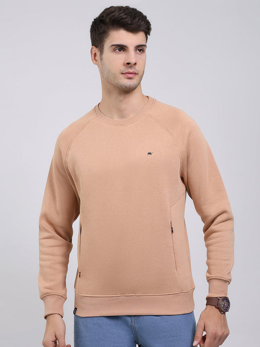 Men Khaki Solid Round Neck Full Sleeve Sweatshirt