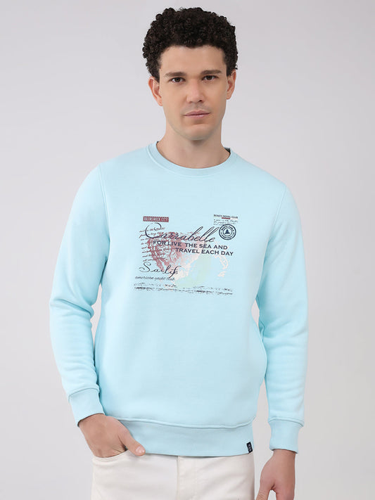 Men Sky Blue Printed Round Neck Full Sleeve Sweatshirt
