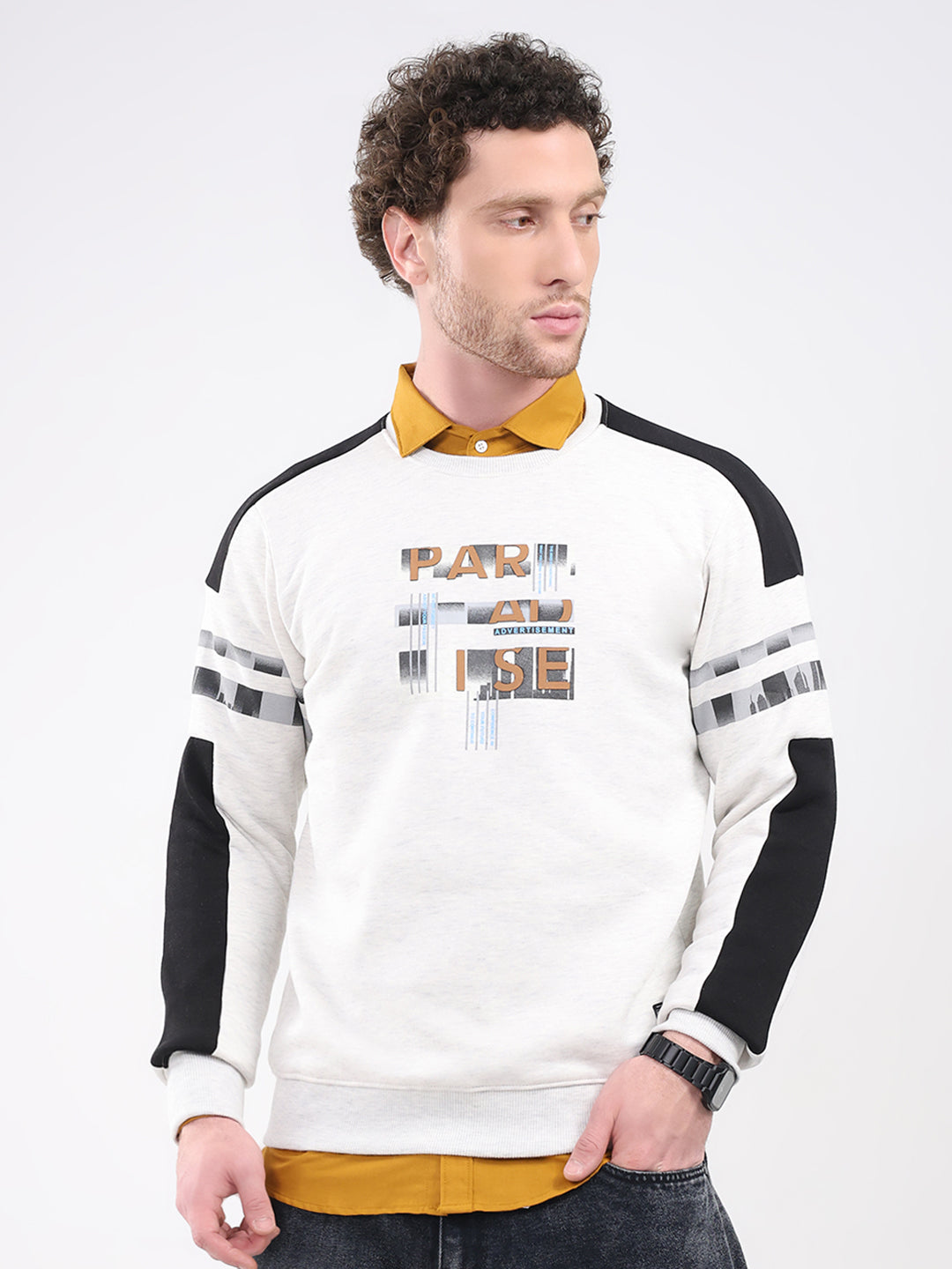 Men Off White Printed Round Neck Full Sleeve Sweatshirt
