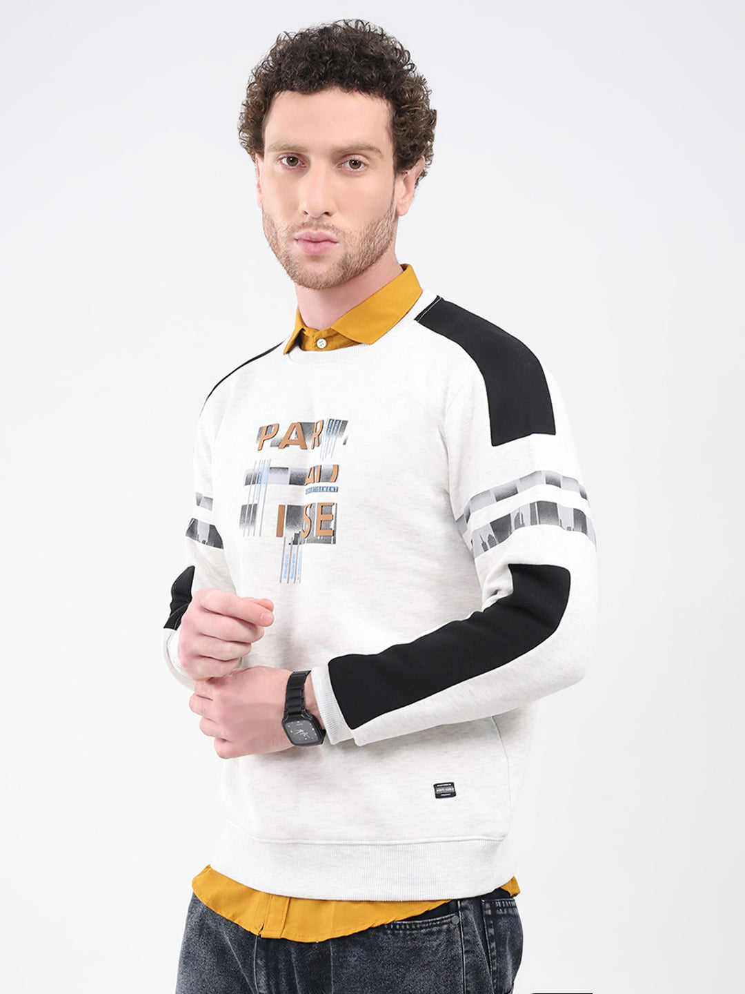 Men Off White Printed Round Neck Full Sleeve Sweatshirt