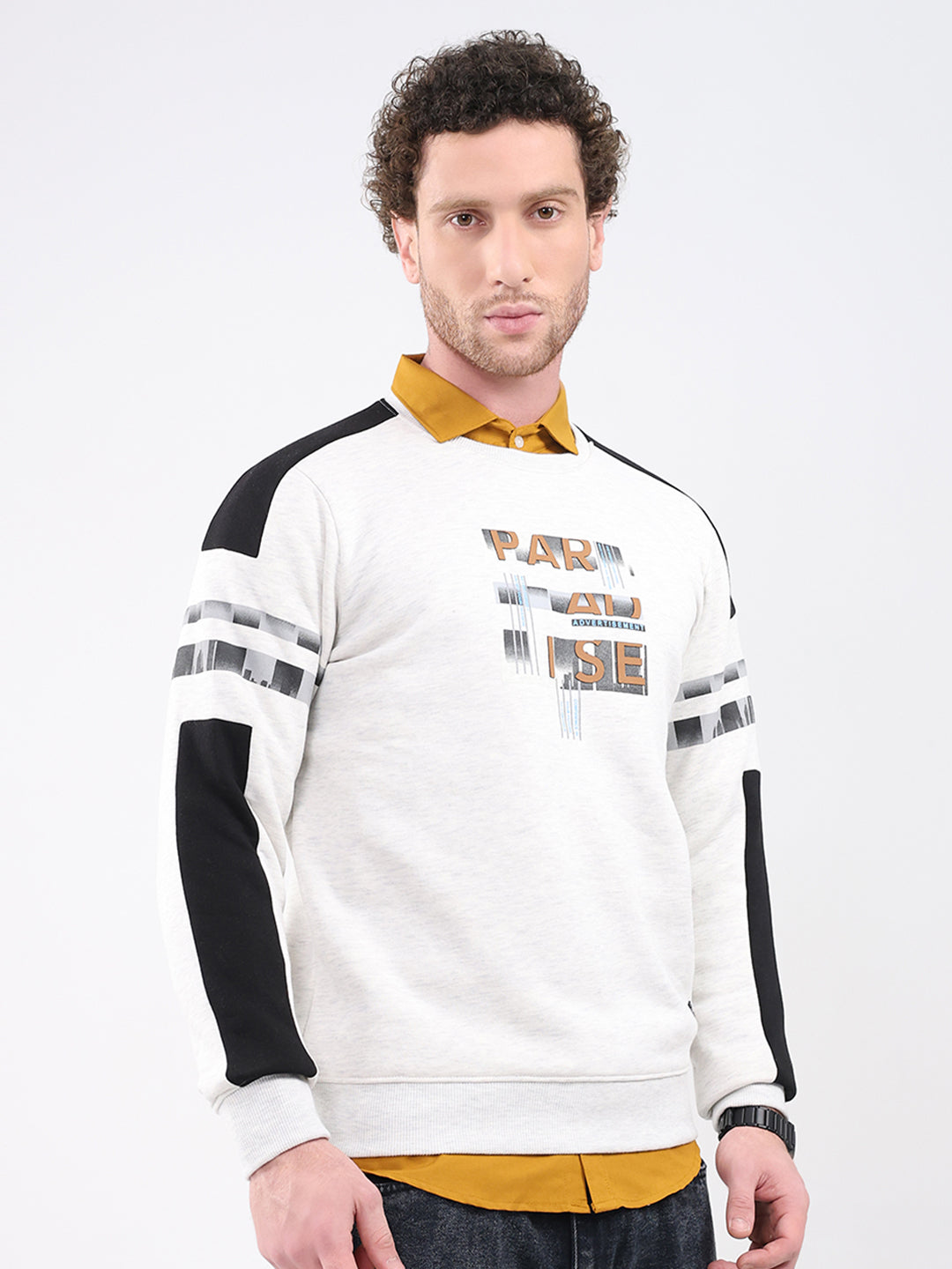 Men Off White Printed Round Neck Full Sleeve Sweatshirt