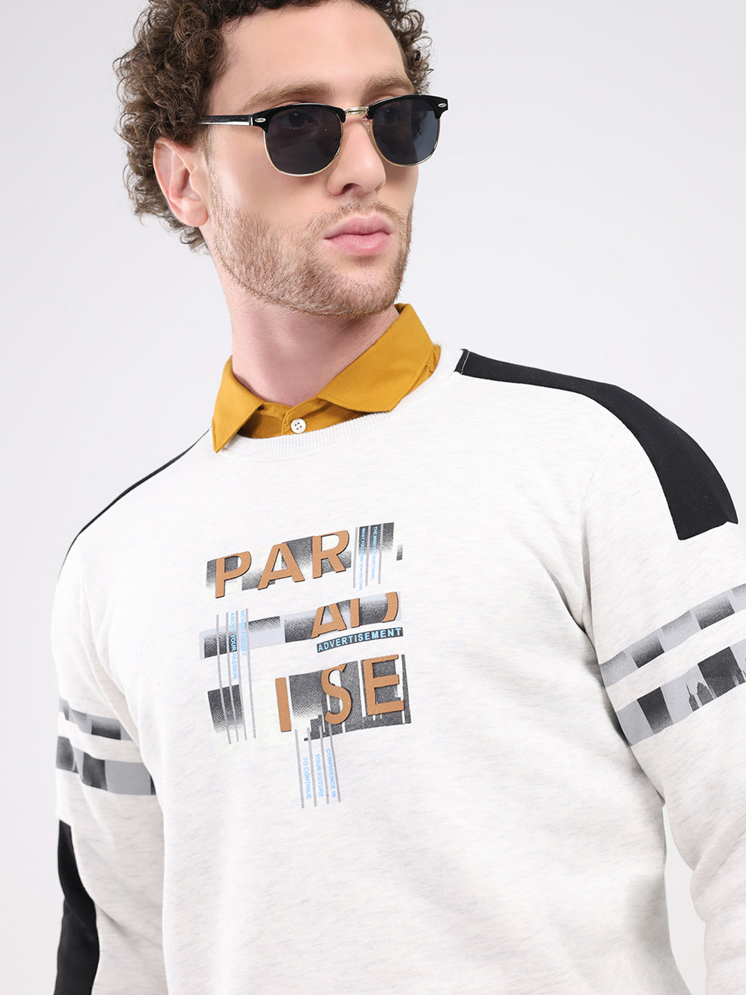 Men Off White Printed Round Neck Full Sleeve Sweatshirt