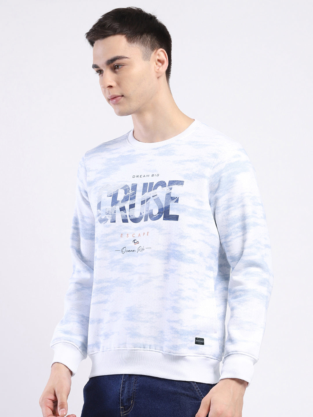 Men White Printed Round Neck Full Sleeve Sweatshirt
