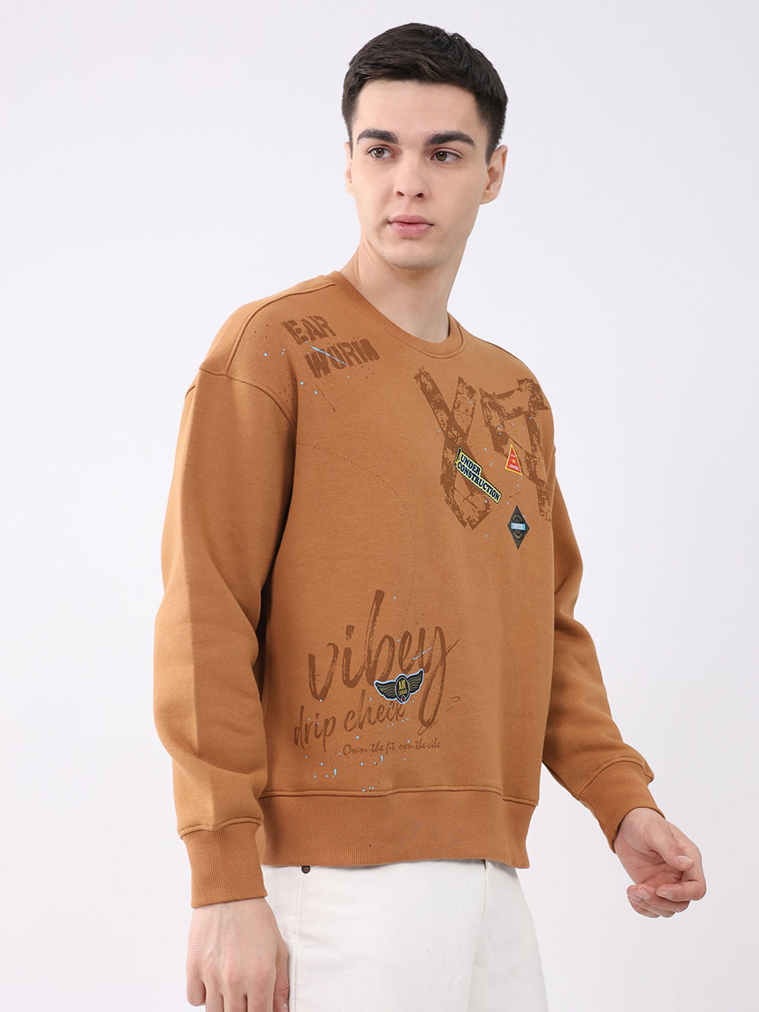 Men Tan Printed Round Neck Full Sleeve Sweatshirt