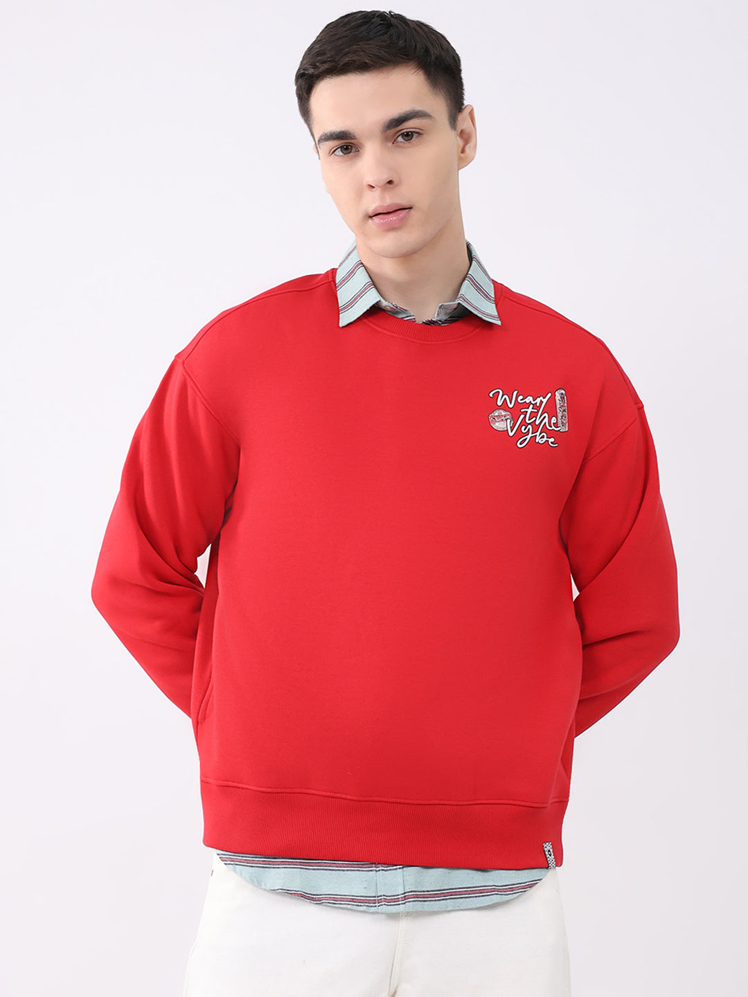 Men Red Printed Round Neck Full Sleeve Sweatshirt