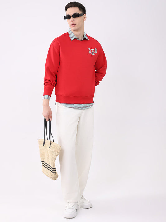 Men Red Printed Round Neck Full Sleeve Sweatshirt