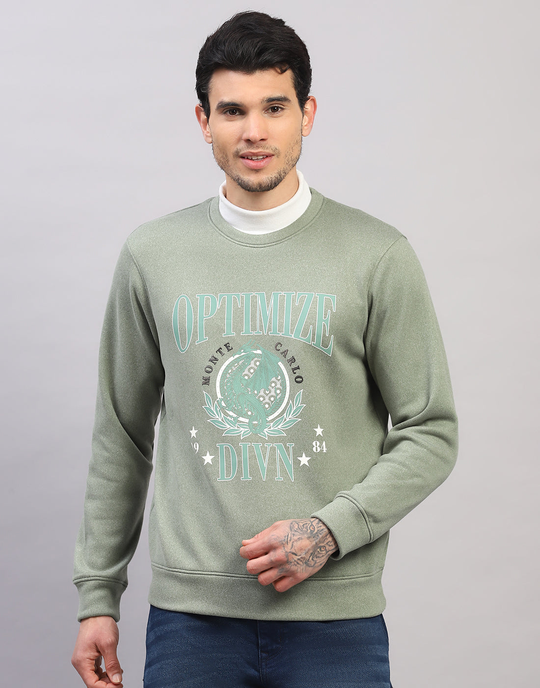 Men Green Printed Round Neck Full Sleeve Sweatshirt
